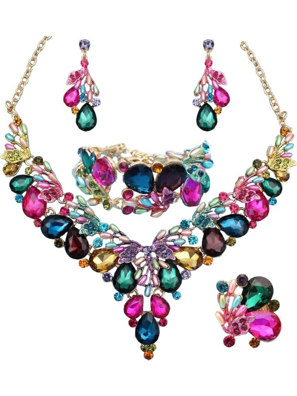 Elegant White & Gold Jewelry Set: Statement Necklace, Dangle Earrings, Bracelet